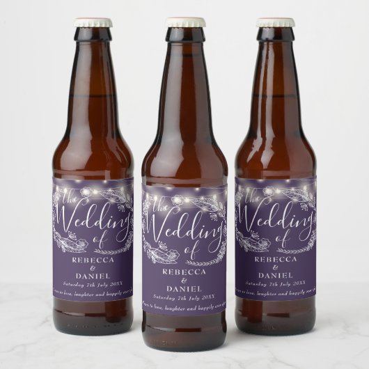 Moderne String Lights Bloemen Paarse bruiloft Bier Etiket (Flessen)