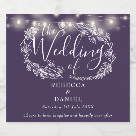 Moderne String Lights Bloemen Paarse bruiloft Bier Etiket (Enkel label)