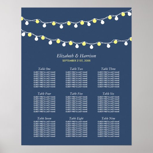 Moderne String Lights, Geel & White Seating Chart Poster (Voorkant)