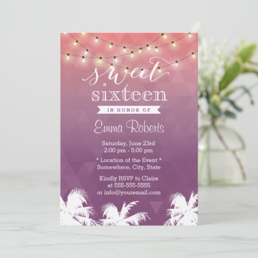 Moderne String Lights & Palm Trees Sweet 16 Kaart (Staand voorkant)