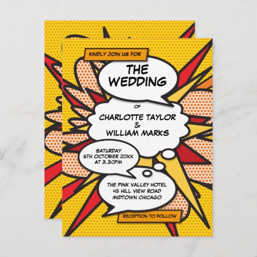 Moderne Strip Pop Art Bruiloft Uitnodiging Briefkaart (Voorkant / Achterkant)