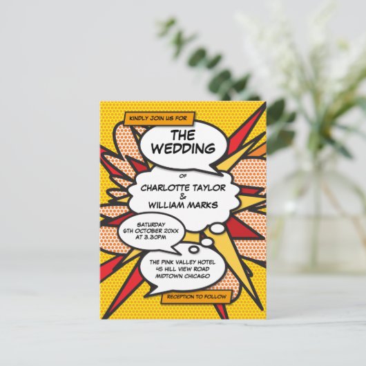 Moderne Strip Pop Art Bruiloft Uitnodiging Briefkaart (Staand voorkant)