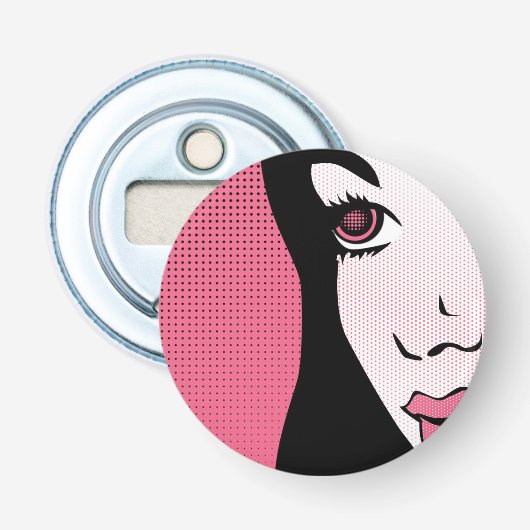 Moderne stripboek Pop Art van het gezicht van een  Button Flesopener (Voorkant)
