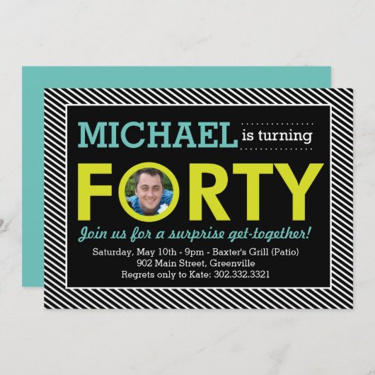 Moderne Stripe 40e verjaardag foto uitnodiging (Voorkant / Achterkant)