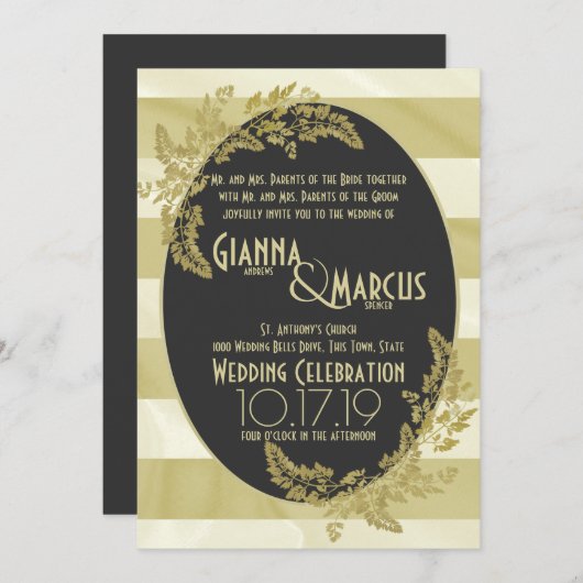 Moderne Stripe en Golden Leaf Wedding Kaart (Voorkant / Achterkant)