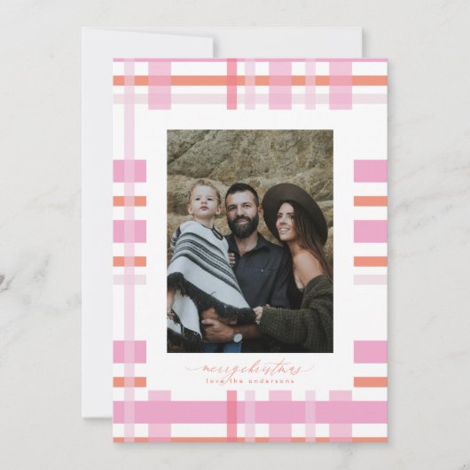 Moderne Stripe Kerst Kleurrijke Plaid Foto Feestdagenkaart (Voorkant)