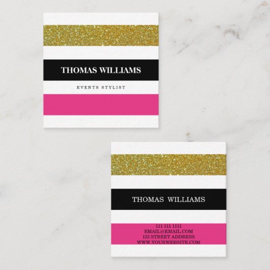 Moderne Stripe Patroonkleurige goudglitter Vierkante Visitekaartje (Voorkant / Achterkant)