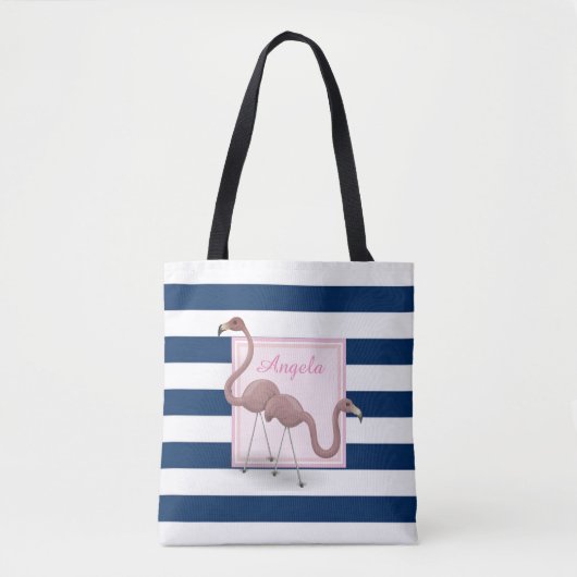 Moderne striped, Cartoon Flamingos - Persoonlijk Tote Bag (Voorkant)