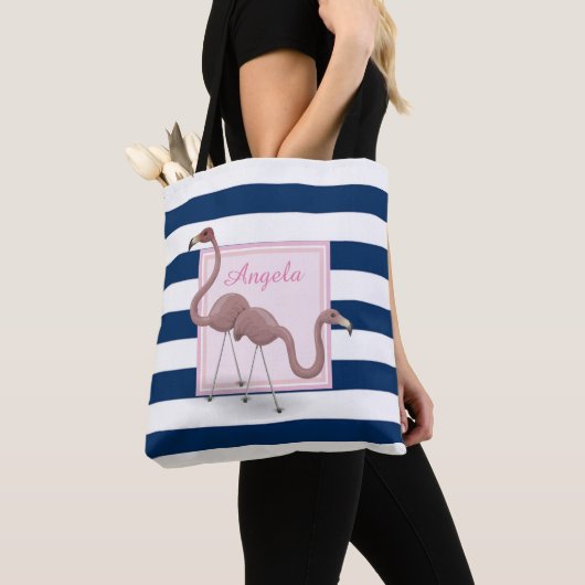Moderne striped, Cartoon Flamingos - Persoonlijk Tote Bag (Dichtbij)