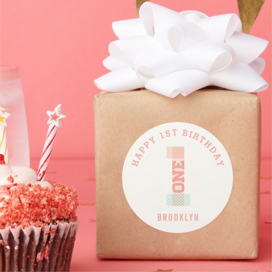 Moderne Stripes Big Nummer 1 1e verjaardag Ronde Sticker (Feest)