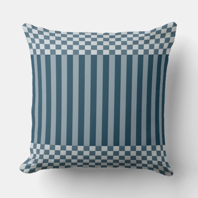 Moderne Stripes & Checker Pattern Blue Kussen (Voorkant)