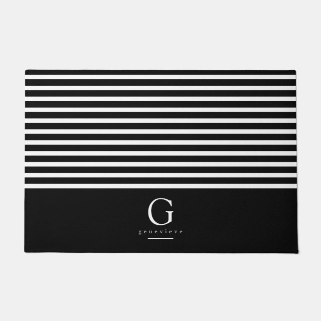 Moderne Stripes Chic Monogram Black White Deurmat (Voorkant)