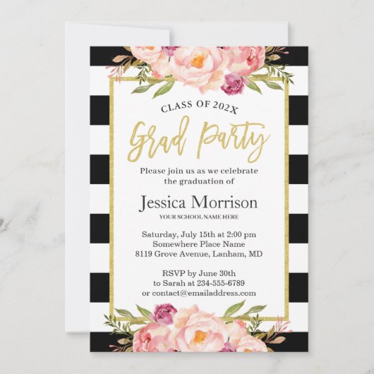 Moderne Stripes Floral Gold Script Graduparty Kaart (Voorkant)