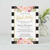 Moderne Stripes Floral Gold Script Graduparty Kaart (Staand voorkant)
