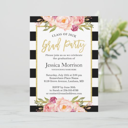 Moderne Stripes Floral Gold Script Graduparty Kaart (Staand voorkant)