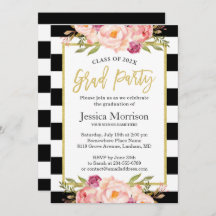 Moderne Stripes Floral Gold Script Graduparty