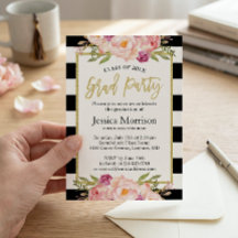 Moderne Stripes Floral Gold Script Graduparty