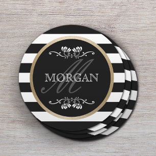 Moderne Stripes Gold Border Familienaam Ronde Kartonnen Onderzetter
