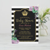 Moderne Stripes Gold Crown Floral Baby shower Kaart (Staand voorkant)