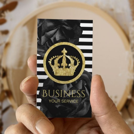 Moderne Stripes Gold Crown Logo Black Floral Visitekaartje