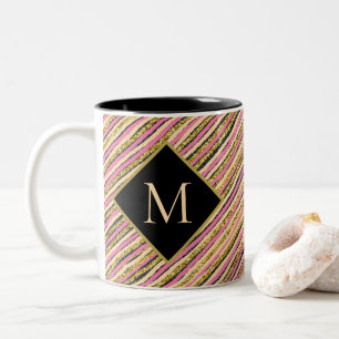 Moderne Stripes Gold Glitter Monogram Black Tweekleurige Koffiemok