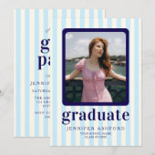 Moderne Stripes Marine Blauwe Foto Afstudeerfeest Kaart (Voorkant / Achterkant)