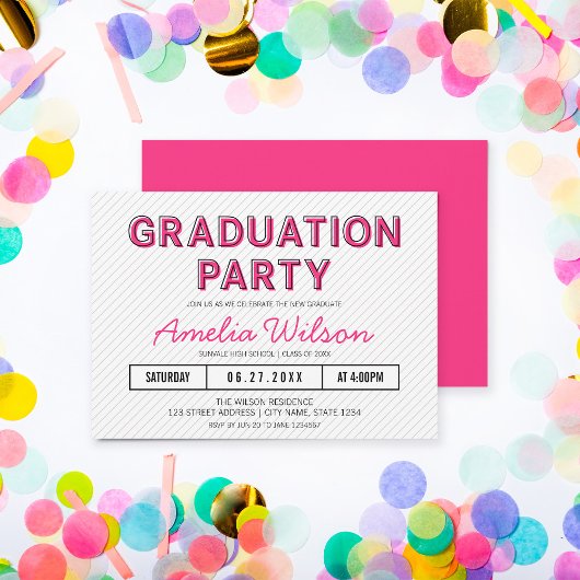 Moderne Stripes Roze Graduation Party Kaart