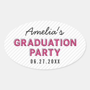 Moderne Stripes Roze Graduation Party Ovale Sticker