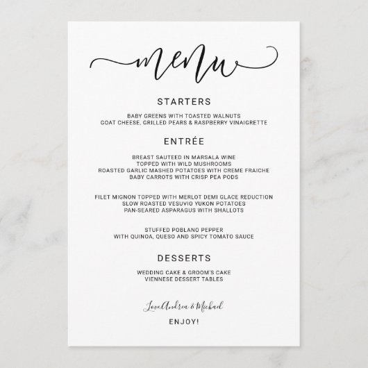 Moderne Stuitser Kalligrafie Krullerig (Zwart) Tro Menu (Voorkant)