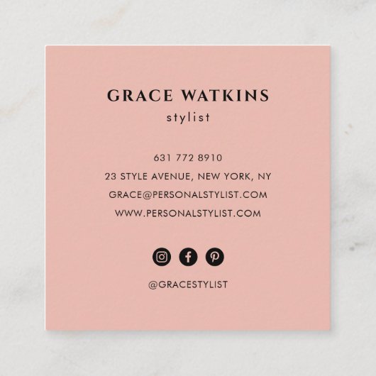 Moderne stylist minimalistische roze zwarte ontwer vierkante visitekaartje (Achterkant)