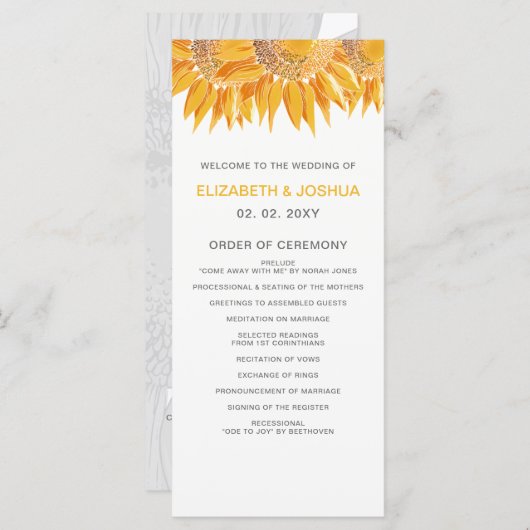 Moderne SunFlower Wedding-programma's Programmakaart (Voorkant / Achterkant)