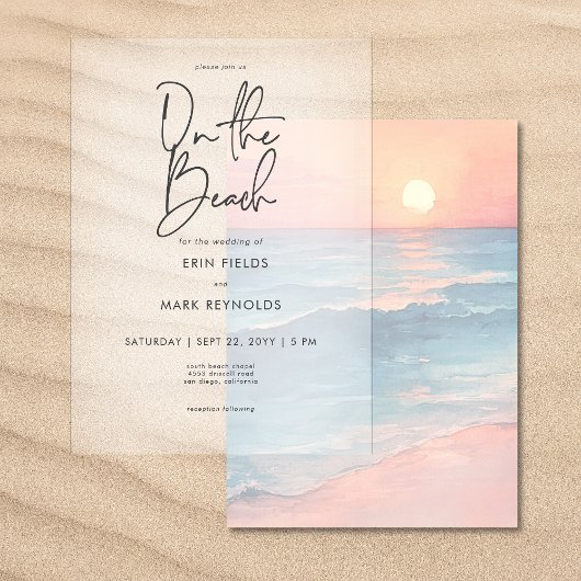 Moderne Sunset Beach Achtergrond Vellum bruiloft Kaart