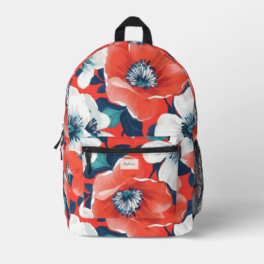 Moderne Supersized Bloemen Blauw en Rood Monogram Bedrukte Rugzak (Voorkant)