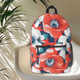 Moderne Supersized Bloemen Blauw en Rood Monogram Bedrukte Rugzak