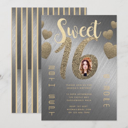 Moderne SWEET 16 FOTO nodigt zilver Gold Glitter u Kaart (Voorkant / Achterkant)