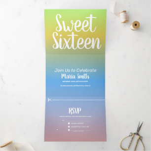 Moderne Sweet 16 Geel Regenboog Ombre Twee Tinten Drieluik Uitnodiging