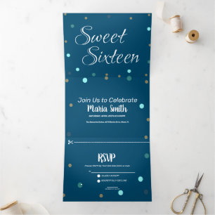 Moderne Sweet 16 Goud Blauwe Stippen Drieluik Uitnodiging