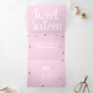 Moderne Sweet 16 Goud Roze Stippen Drieluik Uitnodiging