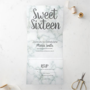 Moderne Sweet 16 Marmer en Grijs Drieluik Uitnodiging