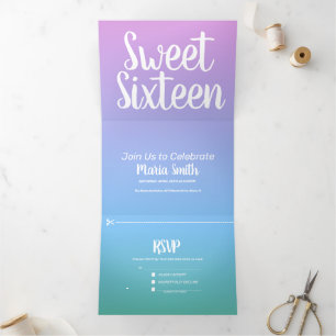 Moderne Sweet 16 Paars Blauwe Ombre Fotografie Drieluik Uitnodiging