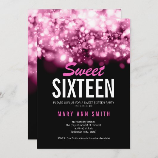 Moderne Sweet 16 Party Roze Sparkling Lights Kaart (Voorkant / Achterkant)