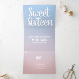 Moderne Sweet 16 Pastel Ombre Twee Tinten Drieluik Uitnodiging
