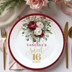 Moderne Sweet 16 Roze Bourgogne Bloemen Borden Papieren Bordje