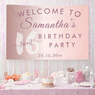 Moderne Sweet 16 Roze Metalen Verjaardag Spandoek