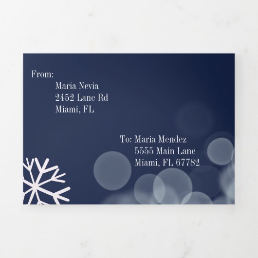 Moderne Sweet 16 Scattered Snowflakes Bokeh Lights Drieluik Uitnodiging (Cover)