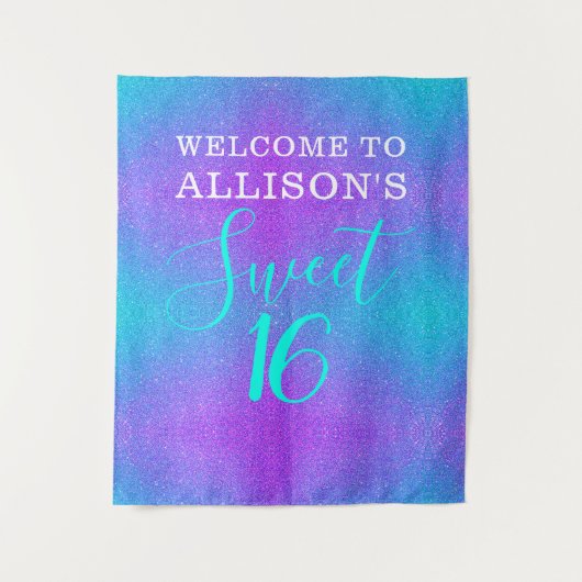 Moderne Sweet 16 Teal Paars Glitters Personalized Wandkleed (Voorkant)