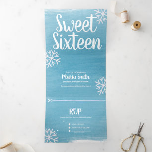 Moderne Sweet 16 Verstrooide Sneeuwvlokken Waterve Drieluik Uitnodiging