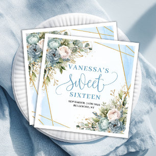 Moderne Sweet Sixteen Blauwe Bloemen Gouden Glitte Servet