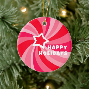 Moderne Swirl GELUKKIGE FEestdagen Aangepaste Roze Keramisch Ornament