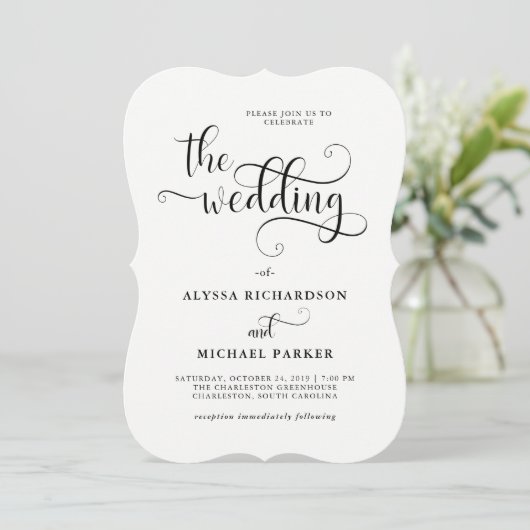 Moderne Swirly Calligraphy Zwart-wit bruiloft Kaart (Staand voorkant)